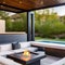 A contemporary outdoor lounge with a fire pit, built-in seating, and string lights overhead4