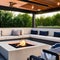 A contemporary outdoor lounge with a fire pit, built-in seating, and string lights overhead5