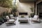 contemporary outdoor patio with sleek furniture, greenery and outdoor fireplace