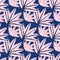 Contemporary pink tropical leaves seamless pattern on blue background. Tropic palm leaf doodle vector illustration. Fashion