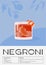 Contemporary poster of Negroni cocktail with orange slice and citrus peel. Classic italian alcoholic beverage recipe