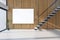 Contemporary premises interior with empty white mock up poster, wooden and concrete floor, wall, stairs, window with city view,