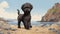 Contemporary Realist Portraiture: A Cartoon Black Poodle On The Beach