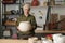 Contemporary retired female carrying large white clay vase or flowerpot