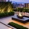 A contemporary, rooftop garden with a fire pit, greenery, and stunning city views5, Generative AI