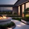 A contemporary, rooftop garden with a fire pit, lush vegetation, and cityscape views1