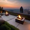 A contemporary, rooftop garden with a fire pit, lush vegetation, and cityscape views2