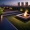 A contemporary, rooftop garden with a fire pit, lush vegetation, and cityscape views4