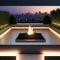 A contemporary, rooftop garden with a fire pit, lush vegetation, and cityscape views5