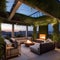 A contemporary rooftop garden with lounge seating, fire pits, and a greenery-covered pergola2