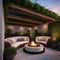 A contemporary rooftop garden with lounge seating, fire pits, and a greenery-covered pergola3