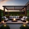A contemporary rooftop garden with lounge seating, fire pits, and a greenery-covered pergola4