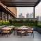 A contemporary rooftop garden restaurant with panoramic views, greenery, and modern outdoor furniture3