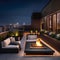 A contemporary rooftop terrace with lounge seating, a fire pit, and panoramic city views2