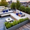 A contemporary rooftop terrace with outdoor seating, a fire pit, and panoramic views of the city2, Generative AI