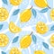 Contemporary seamless pattern with lemon, lemon slice, mint leaves and abstract element.