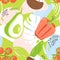 Contemporary seamless pattern with various vegetable, leaves and abstract elements. Creative floral collage.