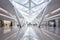 Contemporary shopping mall interior, spacious white architecture with geometric ceiling and bright skylight