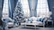 Contemporary silver and blue living room interior design with a Christmas tree and decorations