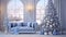 Contemporary silver and blue living room interior design with a Christmas tree and decorations