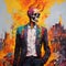 Contemporary Skeleton In Fire: Vibrant Urban Scene With Meticulous Detail