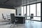 Contemporary spacious conference room office interior with furniture and panoramic window with city view and daylight. 3D