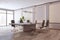 Contemporary stylish meeting room interior with window and city view, furniture and equipment, wooden flooring and daylight. 3D