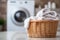 Contemporary textile care: a stylish washing machine and a laundry basket