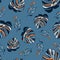 Contemporary tropical seamless pattern. Abstract colored pastel hand drawn palm, monstera leaves on blue background