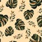 Contemporary tropical seamless pattern. Abstract terracotta pastel hand drawn palm, monstera leaves on beige background