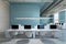 Contemporary two levels light blue and wooden coworking office interior with window and city view, furniture and equipment. 3D