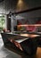 Contemporary urban kitchen with high-gloss cabinets and geometric patterns ambient lighting