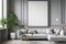 Contemporary urban living room with large blank frame on a distressed concrete wall