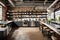 A contemporary urban loft kitchen with industrial brick, concrete countertops,