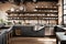 A contemporary urban loft kitchen with industrial brick, concrete countertops,