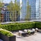 A contemporary, urban rooftop garden with lush plantings, comfortable seating, and city views3, Generative AI