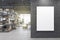 Contemporary warehouse interior with empty mock up poster on wall, racks, boxes, city view and daylight. Logistics and shipping