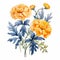 Contemporary Watercolor Marigold Arrangement Clipart In Denim Blue Hues
