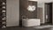 Contemporary wooden bathroom in dark tones, spa, freestanding bathtub, shower with mosaic tiles, rack with towels and shelves,