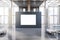 Contemporary wooden and concrete gallery interior with empty white mock up banner, columns, window with city view and daylight. 3D