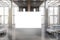 Contemporary wooden and concrete gallery interior with empty white mock up billboard, columns, window with city view and daylight