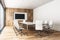 Contemporary wooden meeting room with poster