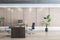 Contemporary wooden office interior with furniture. 3D