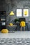 Contemporary workspace with yellow pouf