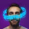 Contemporay artwork. Man with neon lettering around pixel head  over purple background