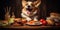 Content corgi dog beside a tempting plate of cheeseburgers. AI generative