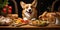 Content corgi dog beside a tempting plate of cheeseburgers. AI generative