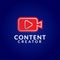 Content Creator Logo Design Template on Dark Blue Background. Pictorial Logo Concept with Red Camcorder and Play Button Icon