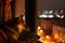 content dog in warm room, chilling nocturnal city outside