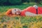 Content young model with red head long hair lying on grass in summer park smiling